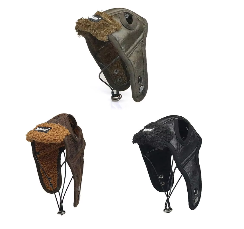 Winter dog gear: brown leather ear protection headgear with soft lining, a warm pet accessory.