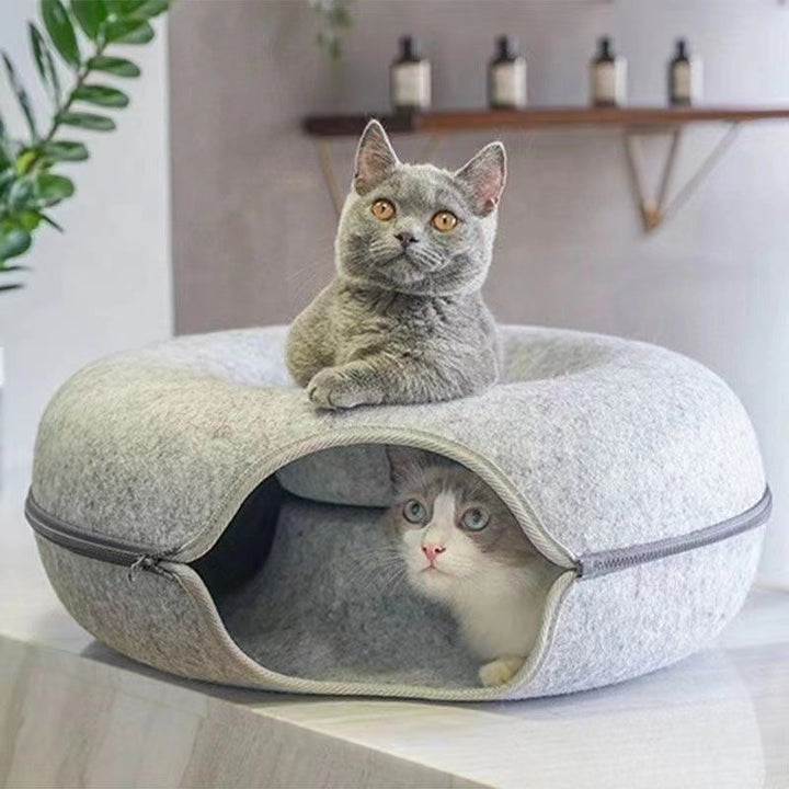 Plush donut cat bed and cozy cat cave, washable pet accessory, ideal for feline comfort