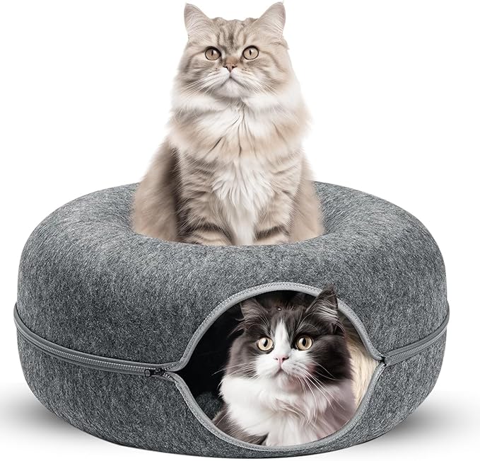 Modern pet bed: round donut cat bed converts to a cozy cave, soft gray fabric