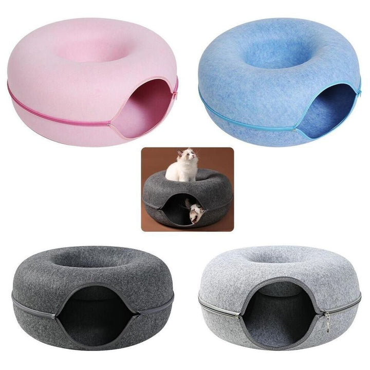 Close-up of a soft donut cat bed, also a cozy cave, providing ultimate feline comfort