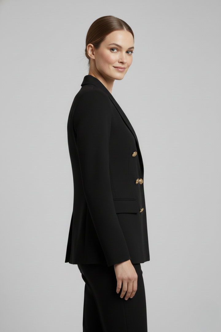 Sophisticated women's double-breasted blazer showcasing prominent gold button details, a tailored elegant jacket.