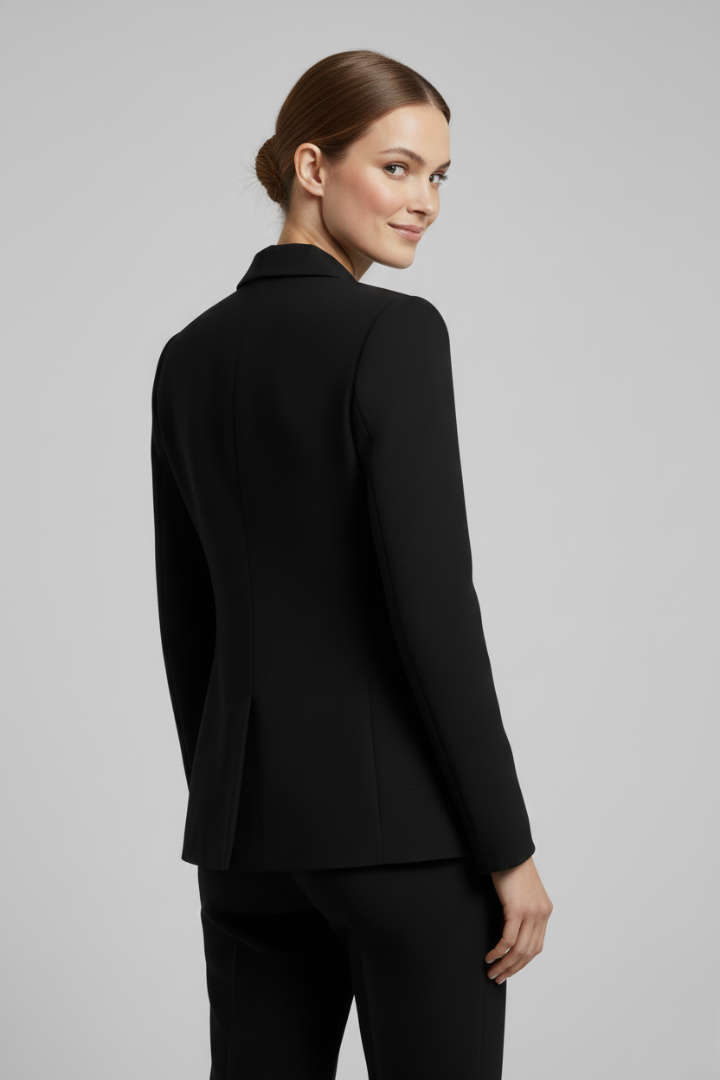 Chic double-breasted women's blazer, gold buttons, tailored, versatile for professional and smart casual wear.