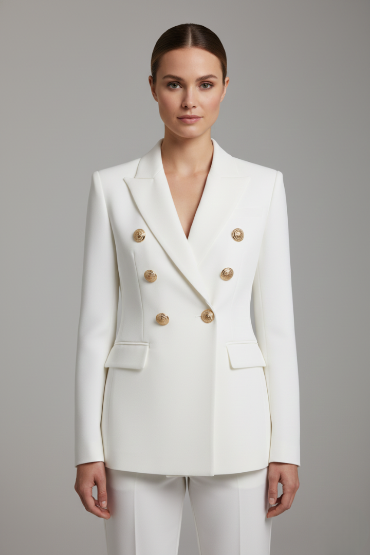 Elegant black double-breasted women's blazer with gold button details for professional office wear.
