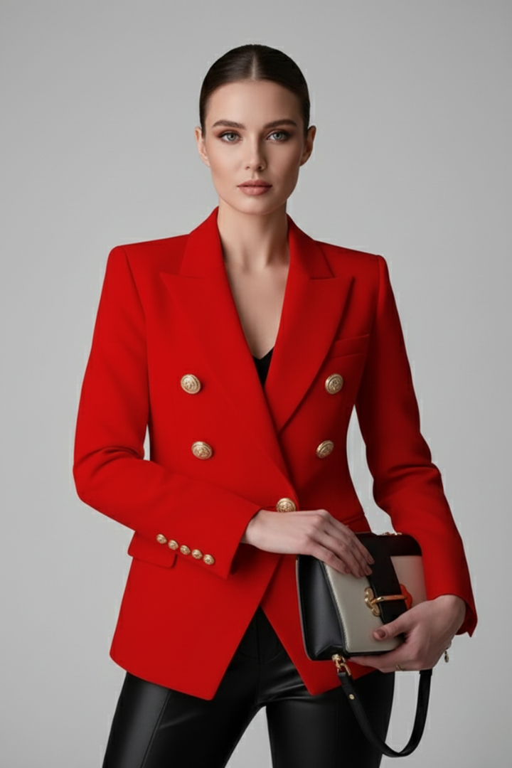 Stylish white double-breasted women's blazer, tailored, perfect for summer smart casual fashion.