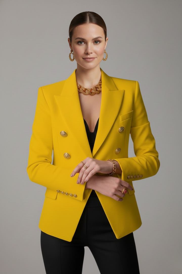 Vibrant red double-breasted tailored blazer for women with chic gold button accents, smart casual style.