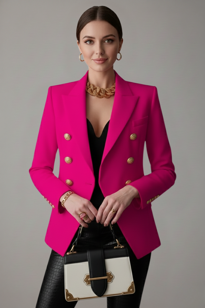 Versatile khaki double-breasted women's blazer with gold buttons, ideal for professional or smart casual outfits.