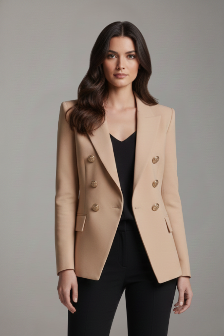 Tailored women's double-breasted blazer, gold button detail, offering an elegant & polished professional look.