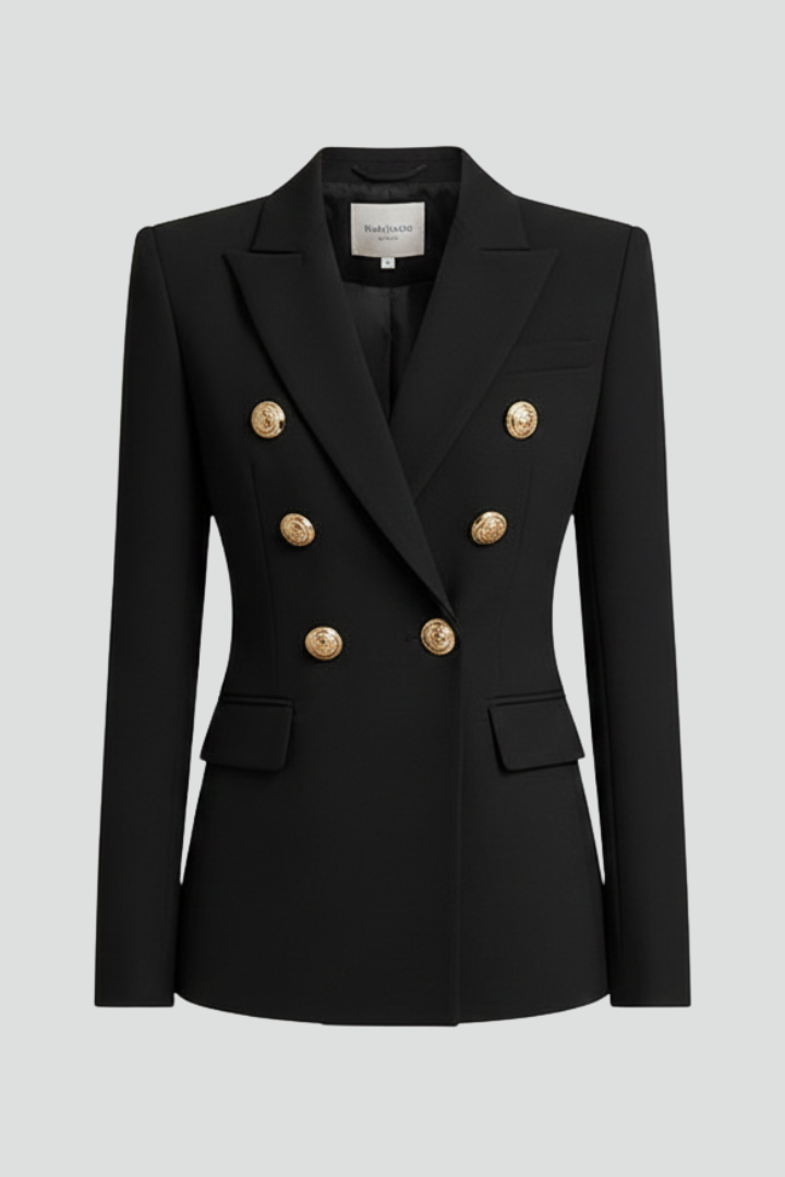 Professional women's double-breasted blazer with gold buttons, versatile for office wear & elegant events.