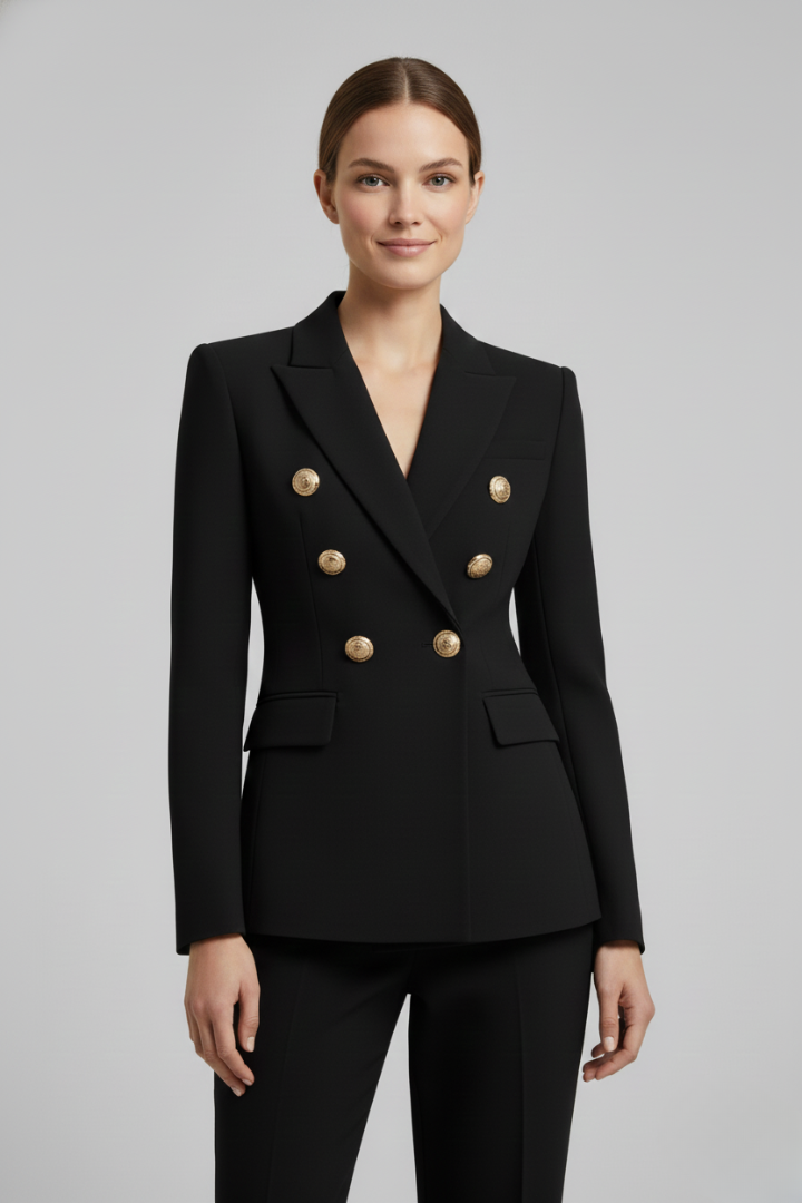 Smart casual double-breasted women's blazer featuring gold buttons, a key piece for modern womens fashion.