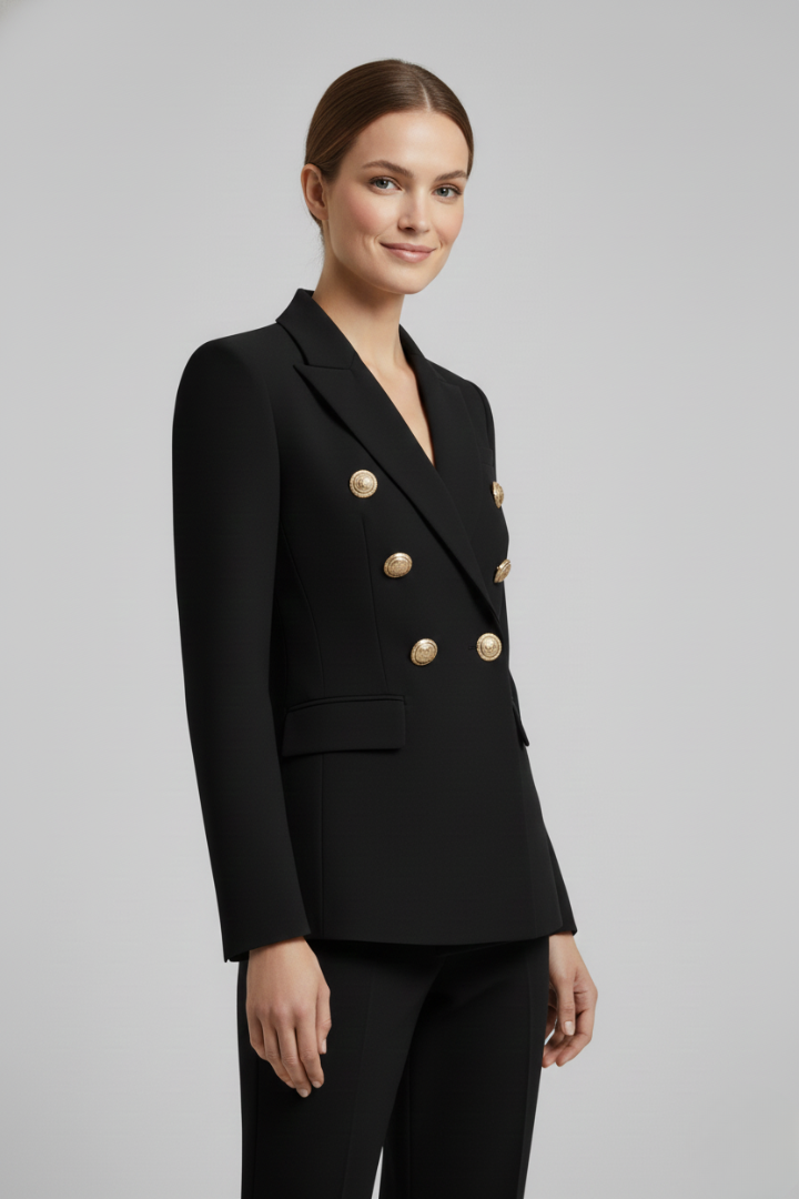 Lightweight double-breasted women's blazer with gold buttons, great for summer office wear & elegant style.