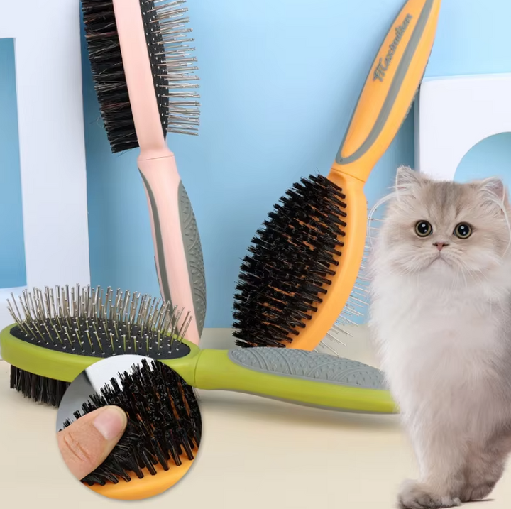 Pet grooming brush with dual sides, designed for efficient dog and cat grooming, ensuring a healthy coat.