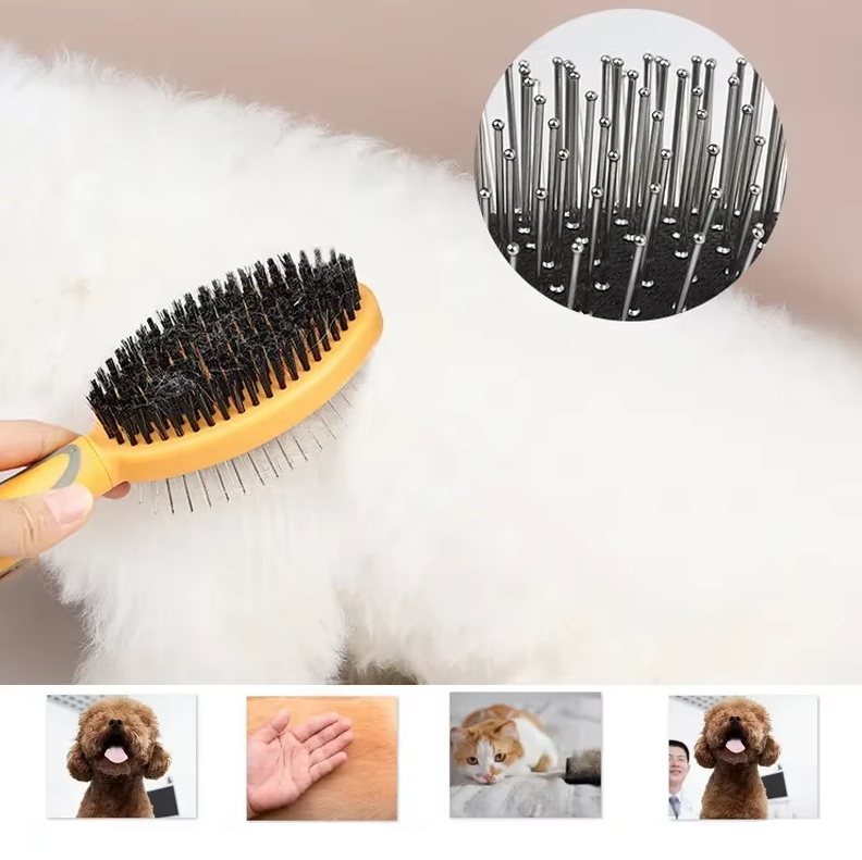 Ergonomic double-sided pet brush for cats and dogs, perfect for everyday grooming and tangle removal.