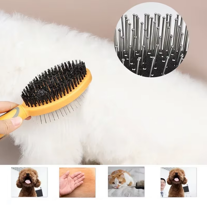 Ergonomic double-sided pet brush for cats and dogs, perfect for everyday grooming and tangle removal.