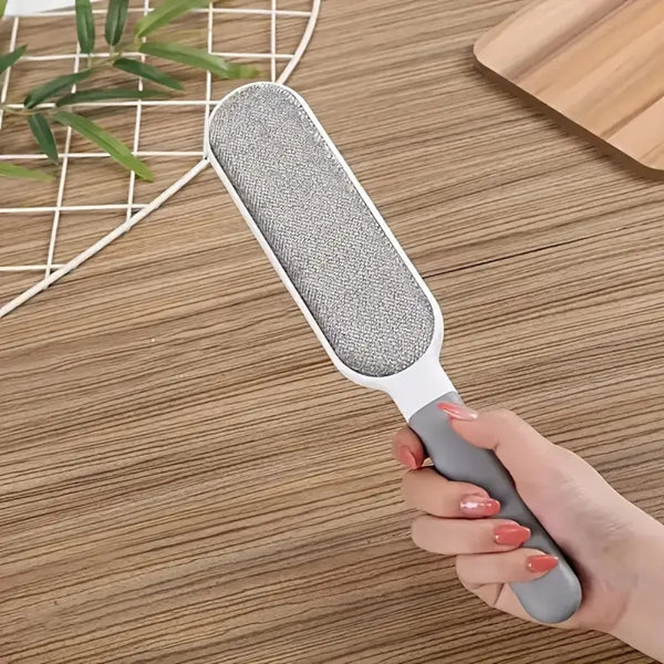 Double-sided pet hair remover for home and auto, grey & blue lint brush for furniture & car interior.
