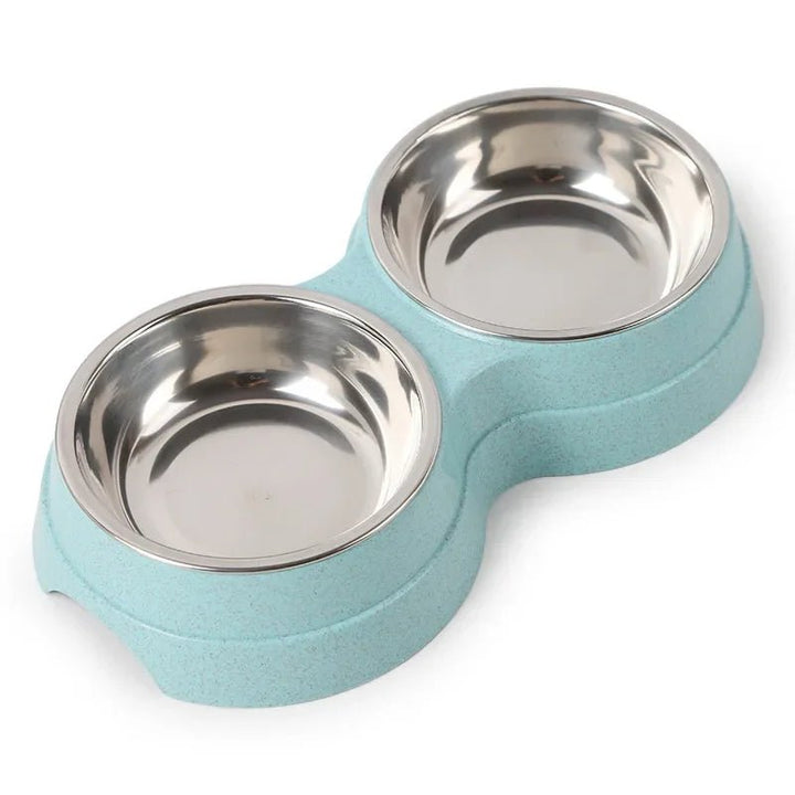 Double stainless steel pet bowl set with non-slip base for hygienic dog & cat food and water.