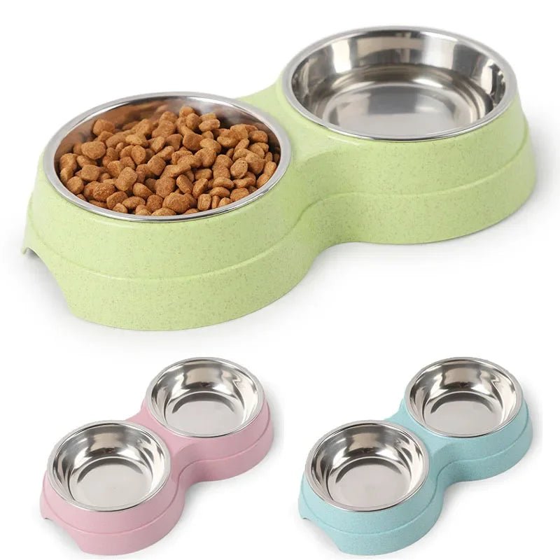 Two-in-one stainless steel pet feeder for dogs and cats, ideal for food and water.