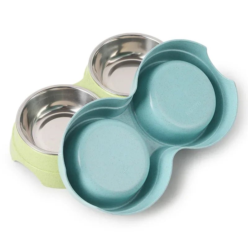 Non-slip double pet bowl in stainless steel, perfect for simultaneous food & water for pets.