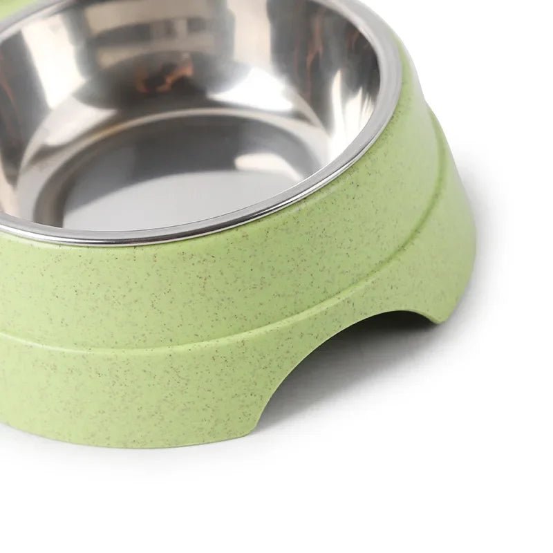 Dual pet feeding station: non-slip stainless steel bowls for dog or cat food and water.