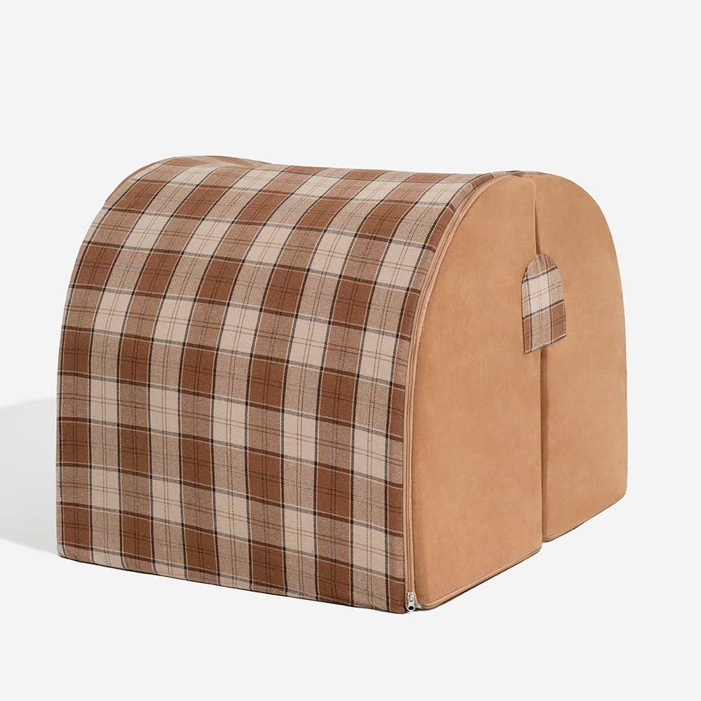 Comfortable plaid pet house bed. Orthopedic support ensures a secure, cozy sleep for small & medium dogs.