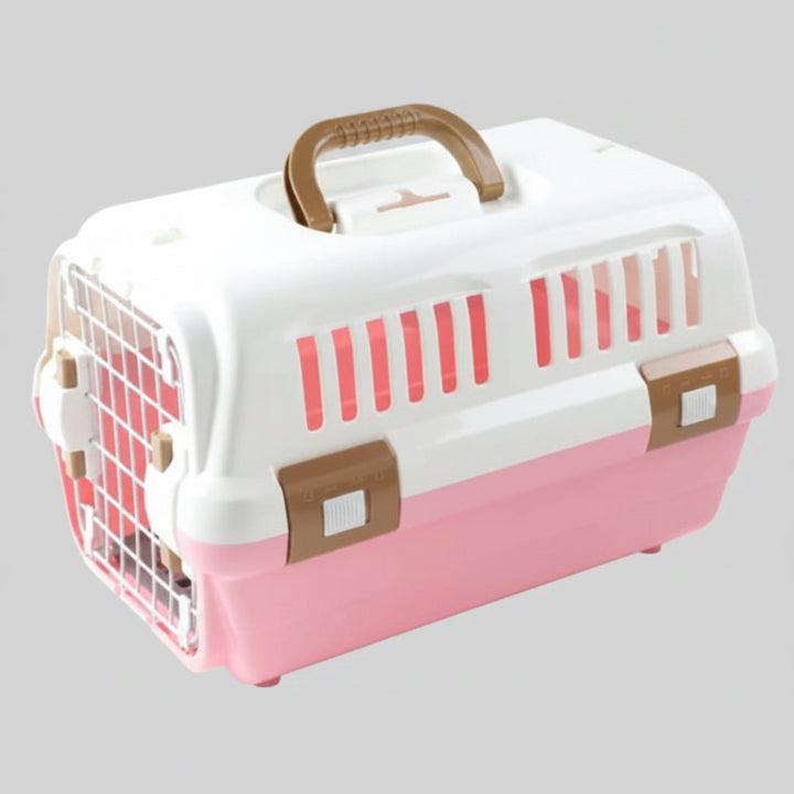 Durable pet travel carrier with lockable zippers & breathable design, perfect for secure cat transport.