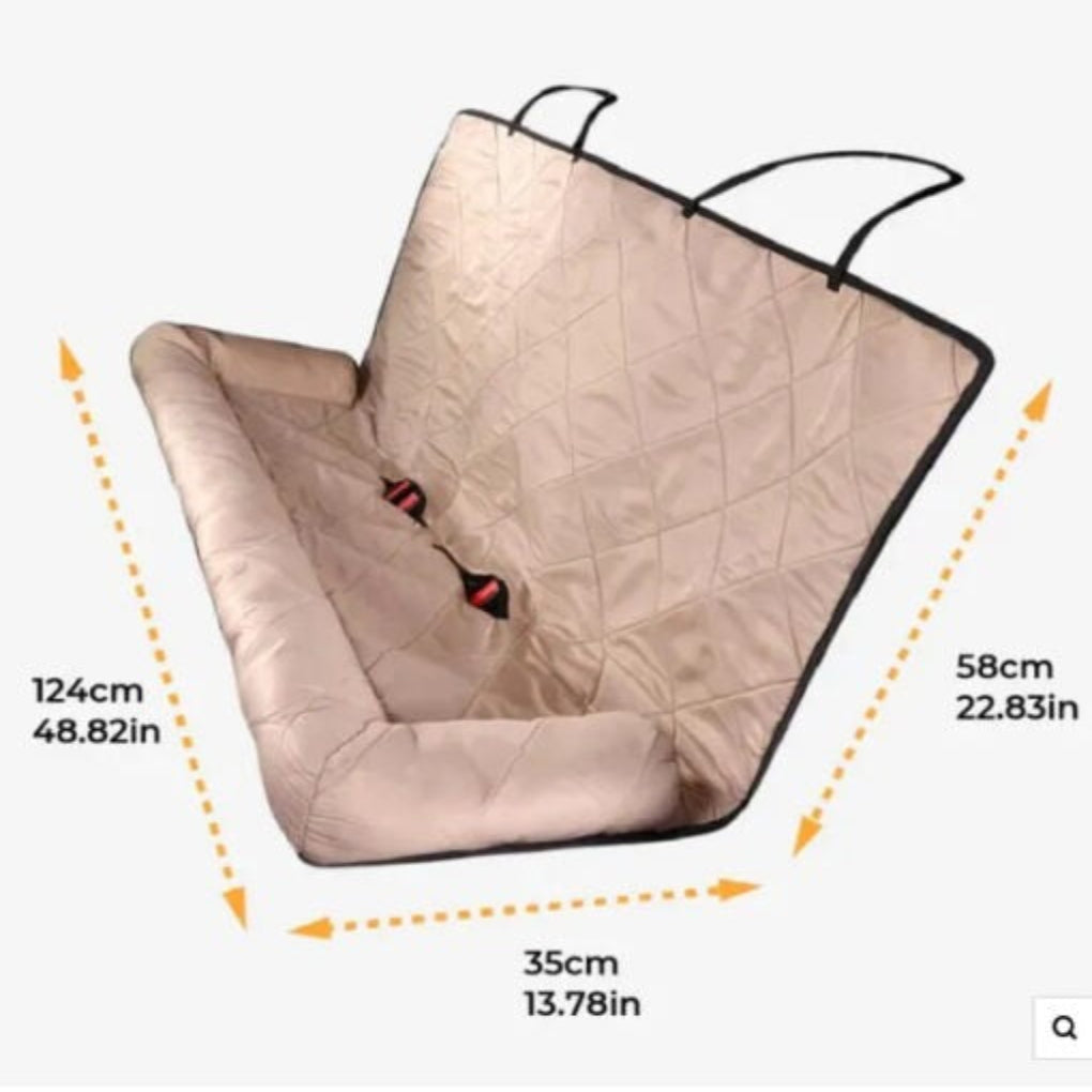 Secure foldable dog car seat for pet travel. Oxford fabric pet bed & car protector in cream & black.