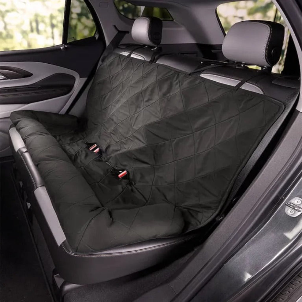 Foldable dog car bed ensures vehicle safety & a clean car. Durable oxford fabric car protector for pet travel.