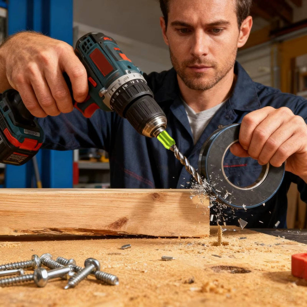 Magnetic screw holder for power drills. Improves efficiency in woodworking, construction, and DIY fastening jobs.
