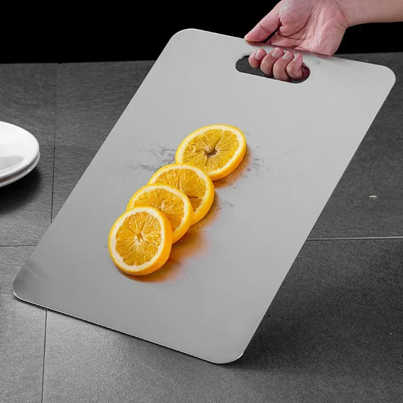 Hygienic stainless steel chopping board. Perfect for kitchen food prep, meat, vegetables, and dough.