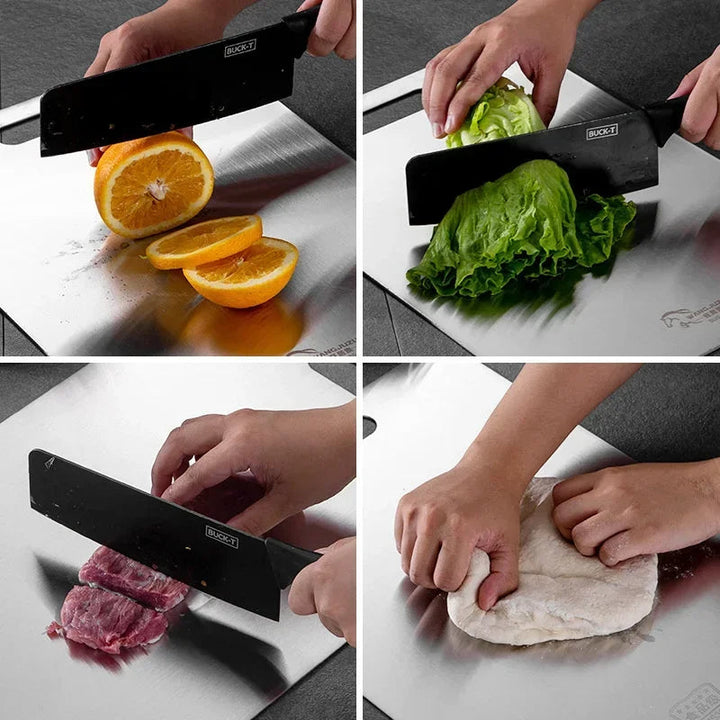 Modern stainless steel cutting board makes food prep easy and hygienic. Essential kitchen tool for every home.