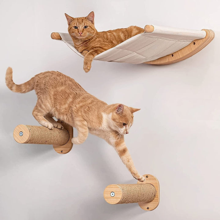 Modern wall-mounted cat shelves and hammock kit with jute climbing steps for playful cats. Space-saving pet furniture.