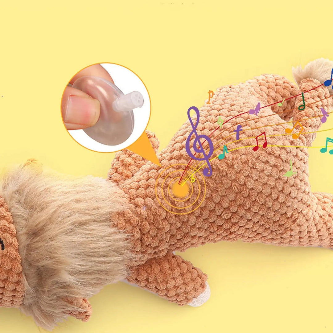 Close-up of a tough, plush dog chew toy designed for aggressive chewers, showcasing its durable construction.