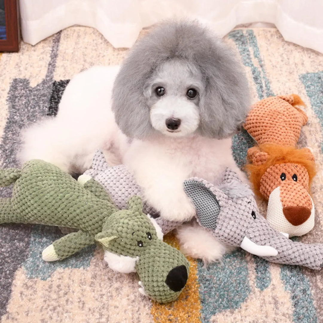 Indestructible plush dog toy with squeaker, perfect for power chewers & strong dogs. Durable pet playtime fun.