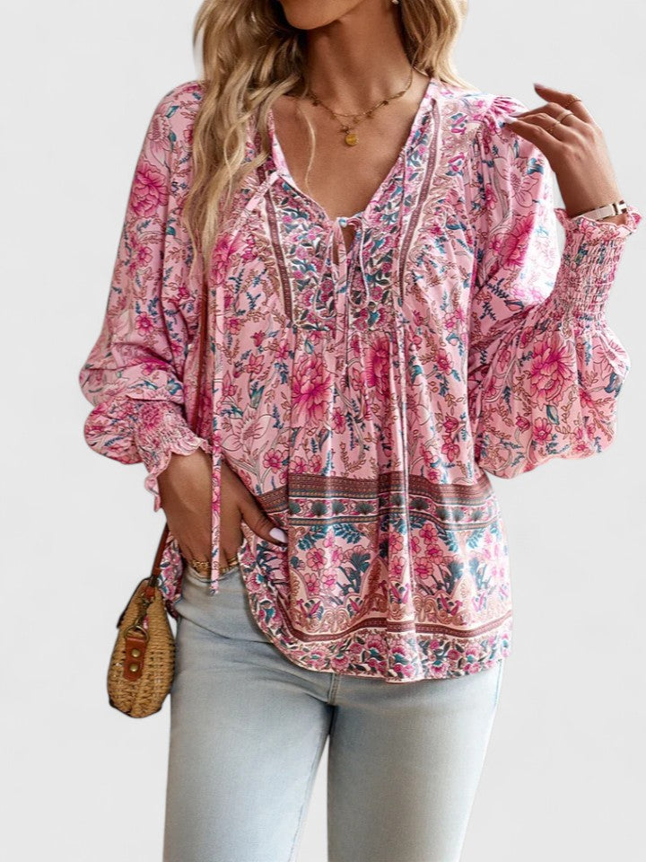Dreamy floral long sleeve boho peasant top for women, relaxed fit, perfect for summer fashion.