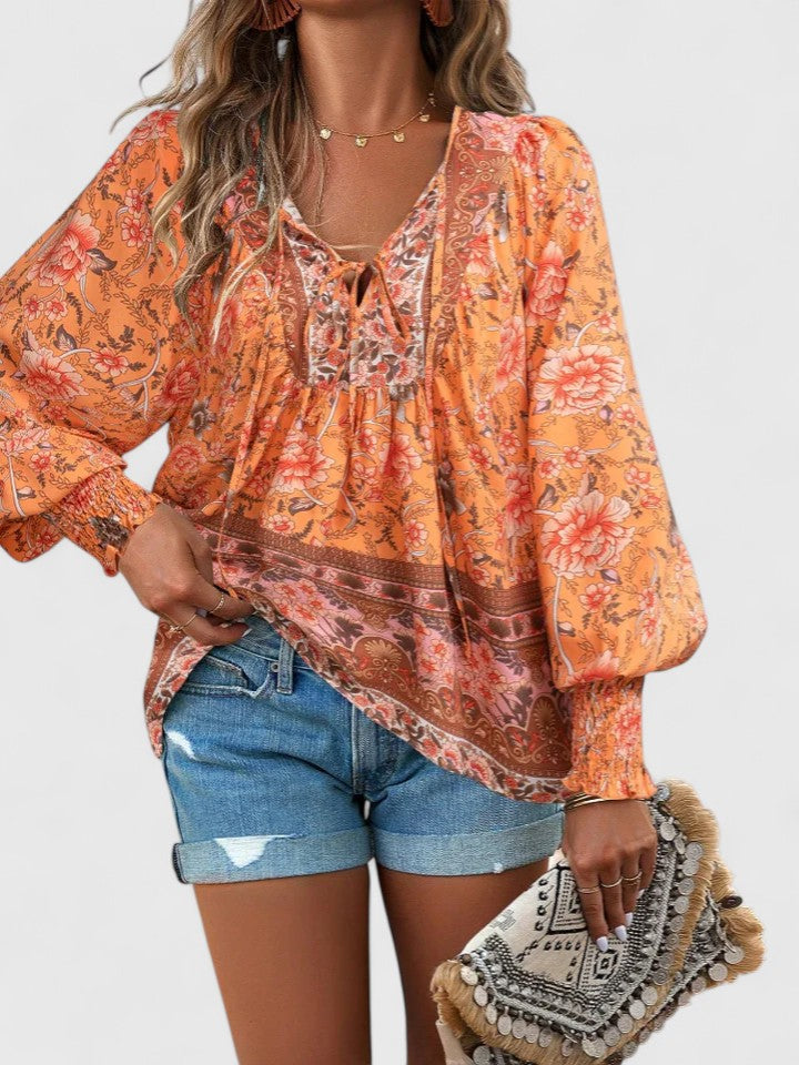 Women's boho long sleeve floral top, a dreamy peasant blouse for relaxed summer fashion, versatile.