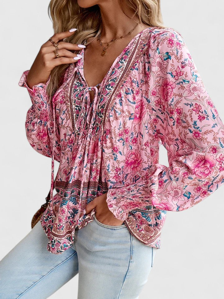Women's casual floral long sleeve top, bohemian peasant blouse with a relaxed fit, summer wear.