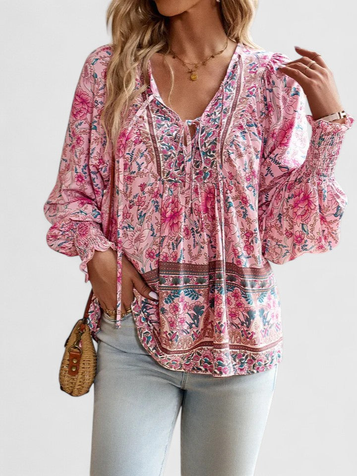 Relaxed fit women's floral long sleeve peasant top, ideal for casual summer style, flowy design.