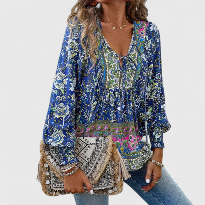 Boho chic long sleeve floral top, a dreamy peasant blouse for women's summer fashion, comfortable.