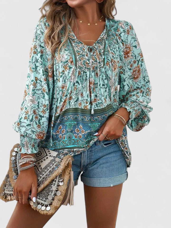 Casual floral long sleeve women's top, a feminine boho peasant blouse, perfect for everyday wear.