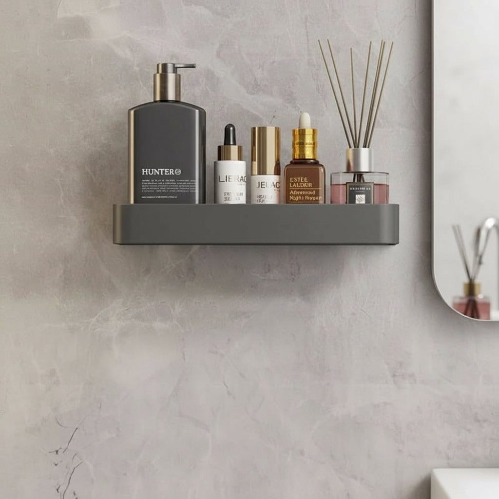 Drill-free bathroom wall shelf with towel bar for modern, space-saving storage & home organization.
