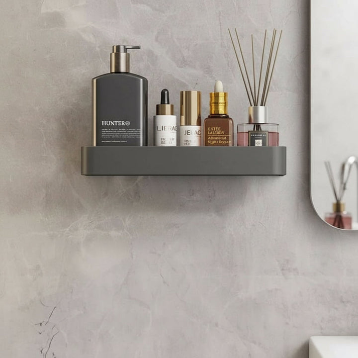 Drill-free bathroom wall shelf with towel bar for modern, space-saving storage & home organization.