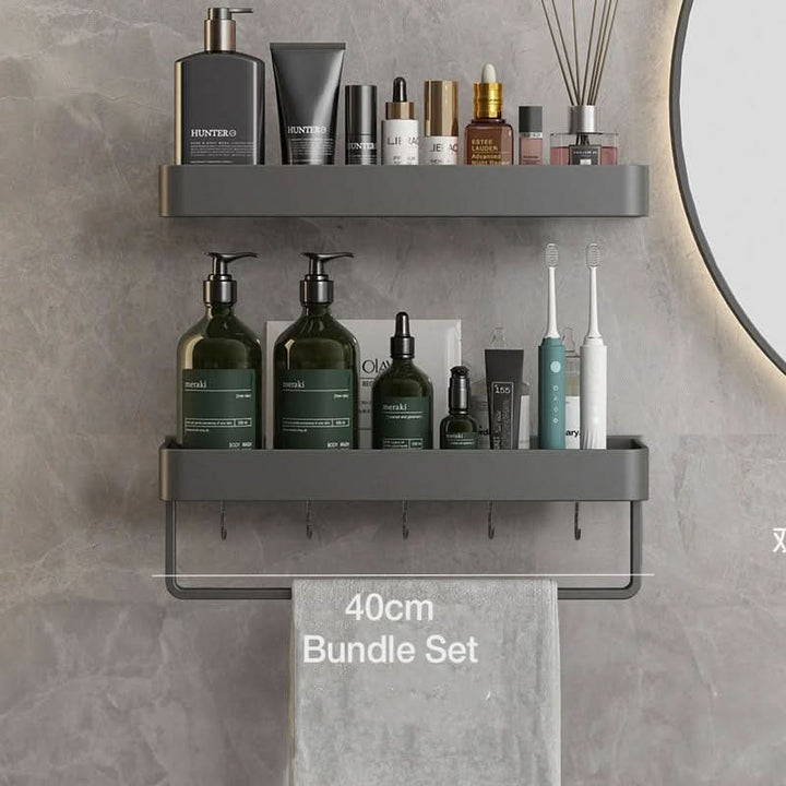 Quick-install drill-free bathroom storage shelf & towel bar, perfect for small modern bathrooms.