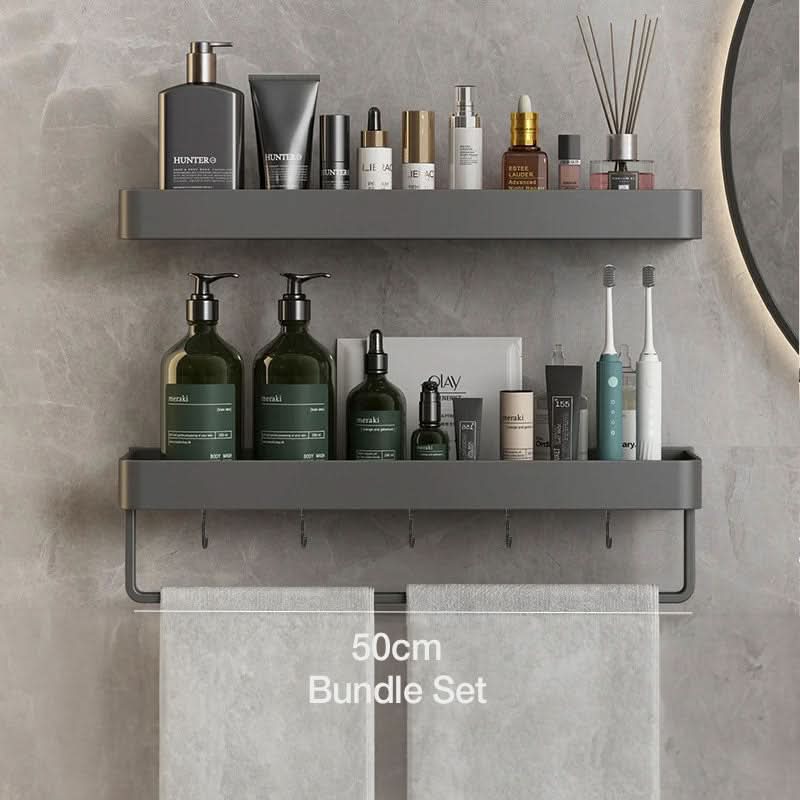 Modern drill-free bathroom wall shelf with towel bar. Organizer for toiletries, towels & space-saving storage.