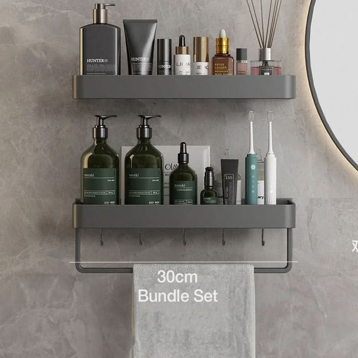 Stylish drill-free bathroom wall shelf with towel bar. Essential modern home storage organizer.