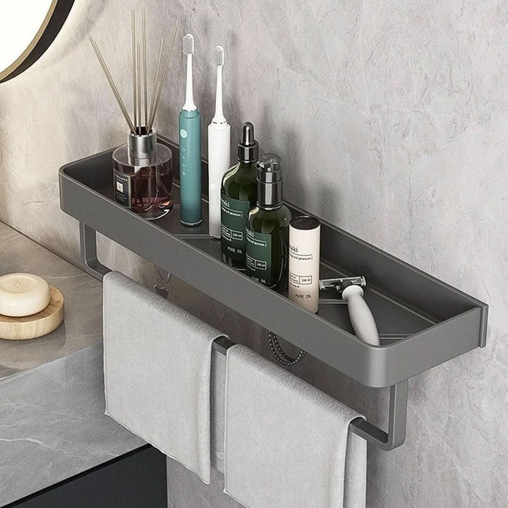 Easy-install drill-free wall-mounted bathroom shelf organizer with integrated towel bar.
