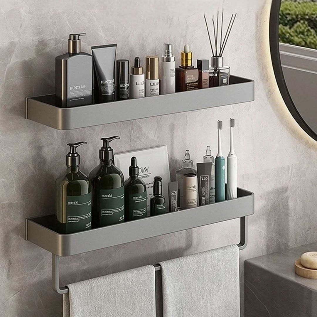 Sleek modern bathroom wall shelf with towel bar, ideal for drill-free, space-saving storage.
