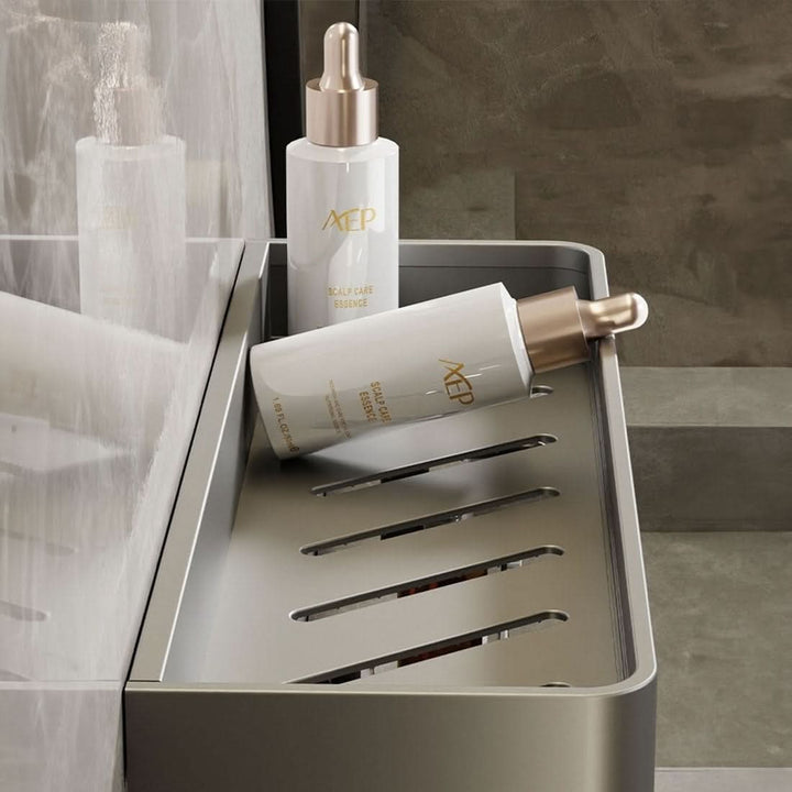 Organized bathroom wall shelf holds toiletries, with towel bar. Drill-free, modern home organization.