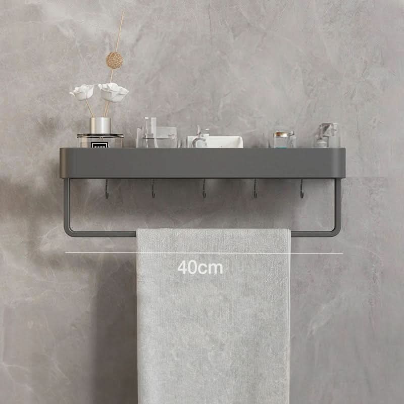 Contemporary drill-free bathroom shelf organizer with towel bar, adding modern style & utility.