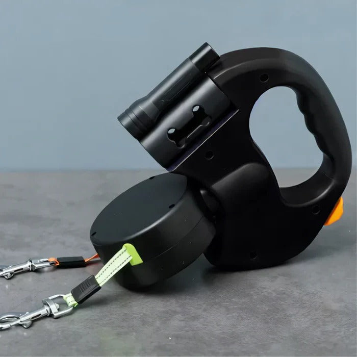 Dual dog leash with LED light for night walks, tangle-free swivel, pet walking accessory