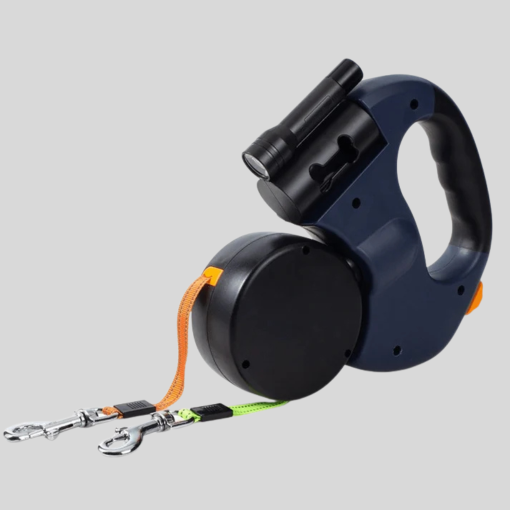 Dual dog leash with tangle-free swivel connector, reflective nylon, and integrated LED flashlight for pet safety walks.