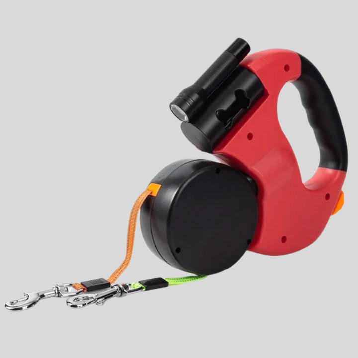 Tangle-free dual dog leash with built-in LED flashlight and comfortable handle, ideal for walking two pets at night.